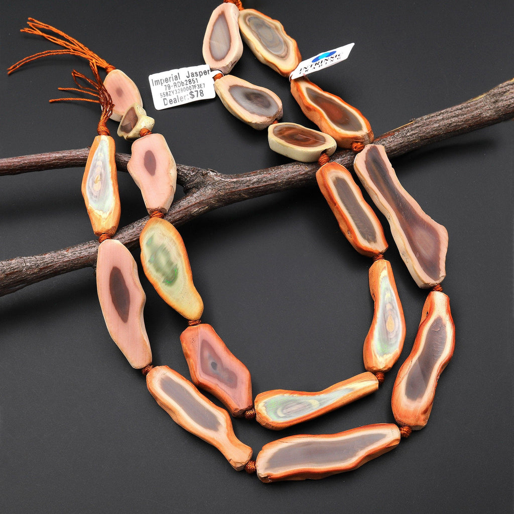 Rare Natural Mexican Imperial Jasper Beads Freeform Nodule Long Flat Slice Colorful Orange Red Pink Green Mauve 15.5" Strand