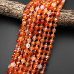 Faceted Natural Red Orange Carnelian 8mm Wavy Spiral Round Beads Fiery Orange Gemstone 15.5" Strand