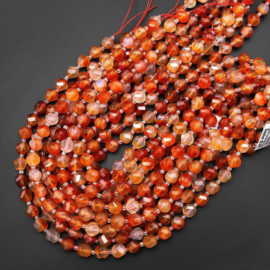 Faceted Natural Red Orange Carnelian 8mm Wavy Spiral Round Beads Fiery Orange Gemstone 15.5" Strand