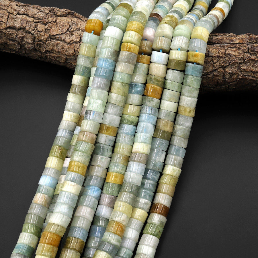 Natural Multicolor Blue Green Yellow Aquamarine Beads Wheel Rondelle Gemstone 10mm 15.5" Strand