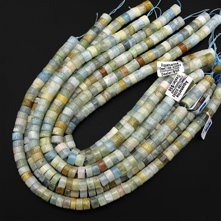 Natural Multicolor Blue Green Yellow Aquamarine Beads Wheel Rondelle Gemstone 10mm 15.5" Strand