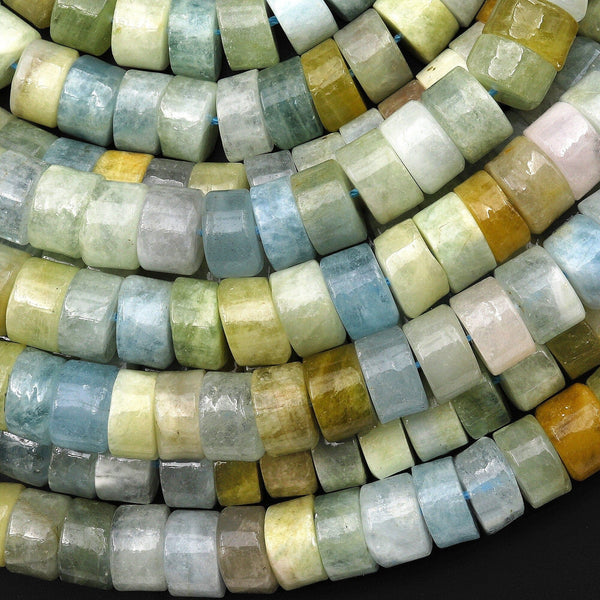 Natural Multicolor Blue Green Yellow Aquamarine Beads Wheel Rondelle Gemstone 10mm 15.5" Strand