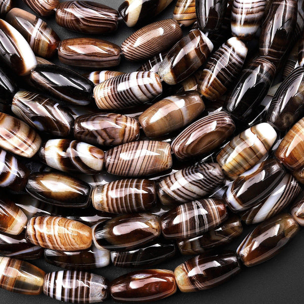 Natural Tibetan Caramel Brown Agate Beads Highly Polished Smooth Drum Barrel 16x8mm Amazing Veins Bands Stripes 15.5" Strand