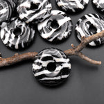 AAA Natural Black and White Zebra Jasper Donut Pendant Focal Bead 30mm