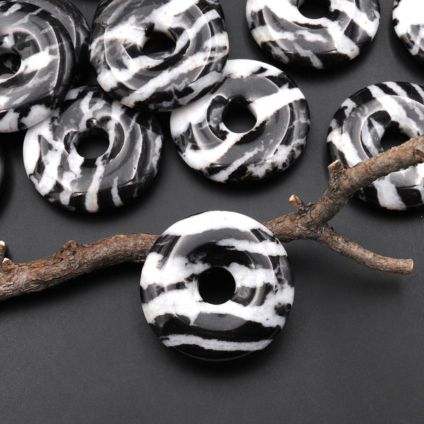 AAA Natural Black and White Zebra Jasper Donut Pendant Focal Bead 30mm A1
