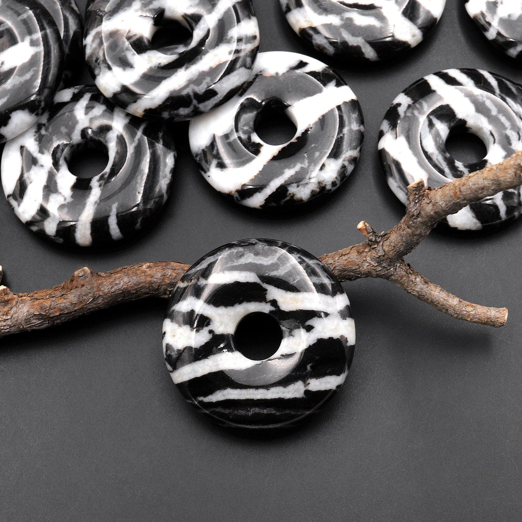 AAA Natural Black and White Zebra Jasper Donut Pendant Focal Bead 30mm A3
