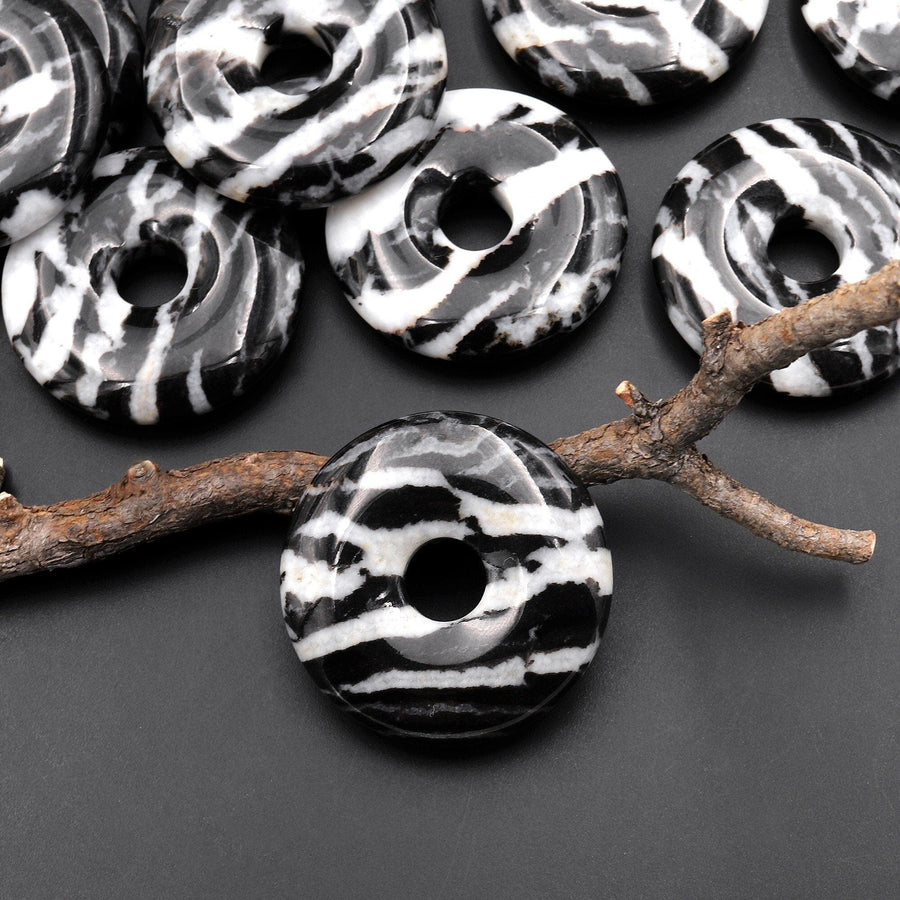 AAA Natural Black and White Zebra Jasper Donut Pendant Focal Bead 30mm A3