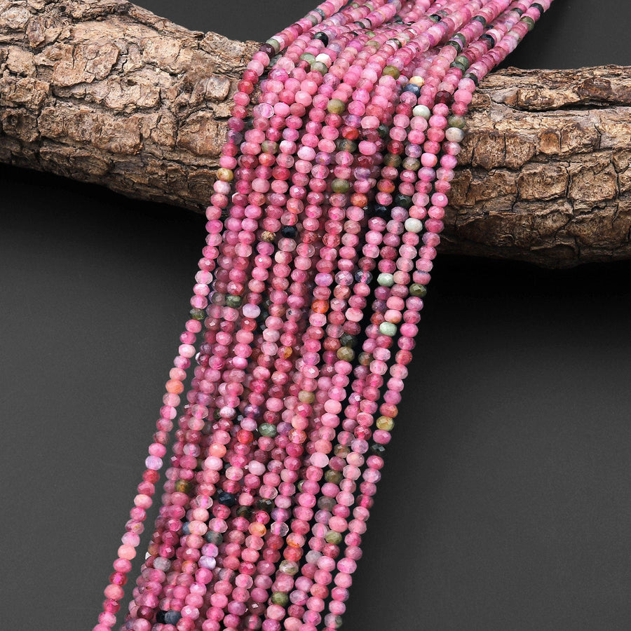 Faceted Natural Pink Green Tourmaline 3mm Rondelle Beads Gemstone 15.5" Strand