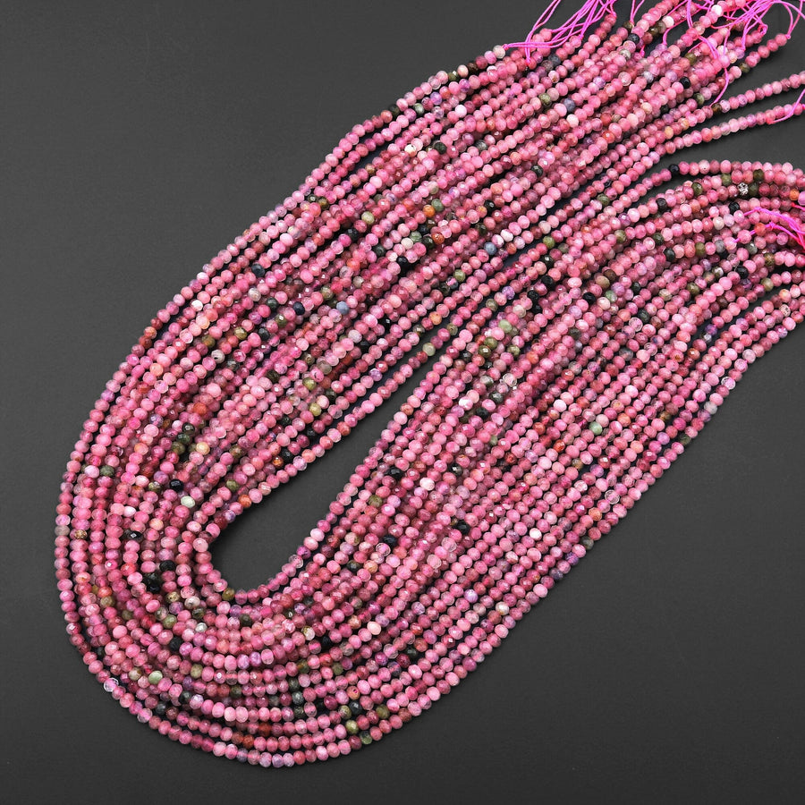 Faceted Natural Pink Green Tourmaline 3mm Rondelle Beads Gemstone 15.5" Strand