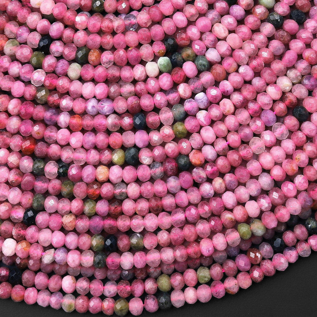 Faceted Natural Pink Green Tourmaline 3mm Rondelle Beads Gemstone 15.5" Strand