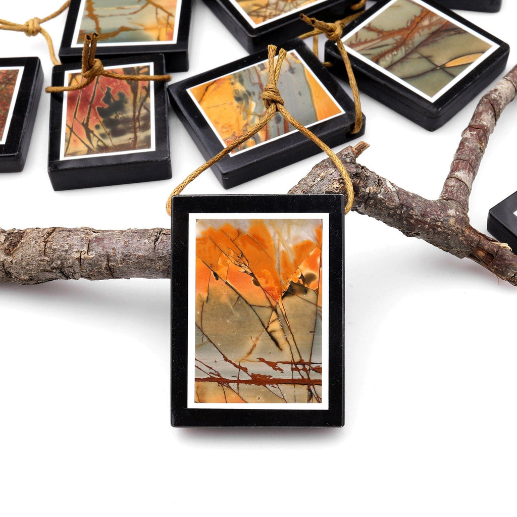 Intarsia Pendant Natural Red Creek Jasper W Black Onyx Inlay Frame Side Drilled Rectangle Pendant A3