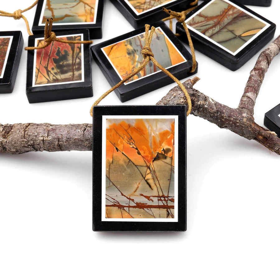 Intarsia Pendant Natural Red Creek Jasper W Black Onyx Inlay Frame Side Drilled Rectangle Pendant A3