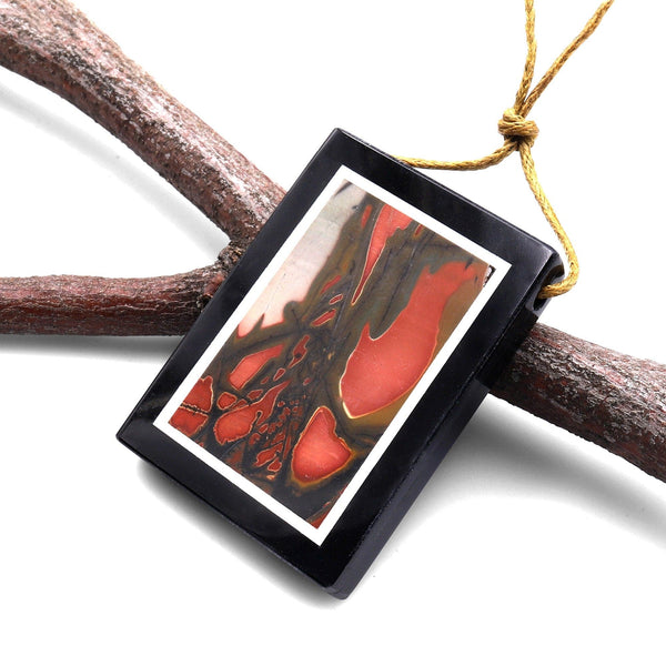 Intarsia Pendant Natural Red Creek Jasper W Black Onyx Inlay Frame Side Drilled Rectangle Pendant A7