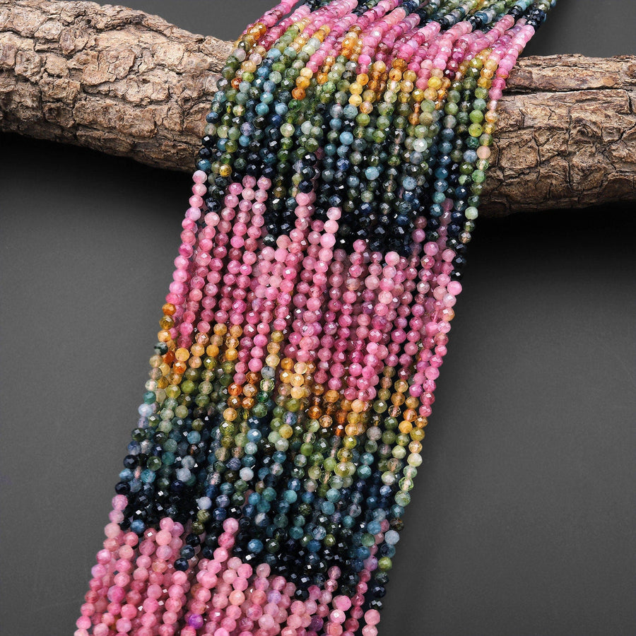 Natural Rainbow Tourmaline Micro Faceted 3mm Round Pink Green Blue Orange Gemstone Beads 15.5" Strand