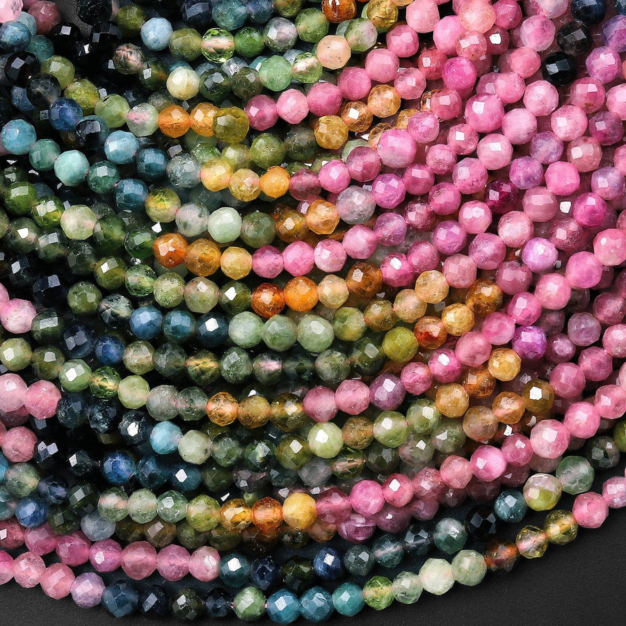 Natural Rainbow Tourmaline Micro Faceted 3mm Round Pink Green Blue Orange Gemstone Beads 15.5" Strand