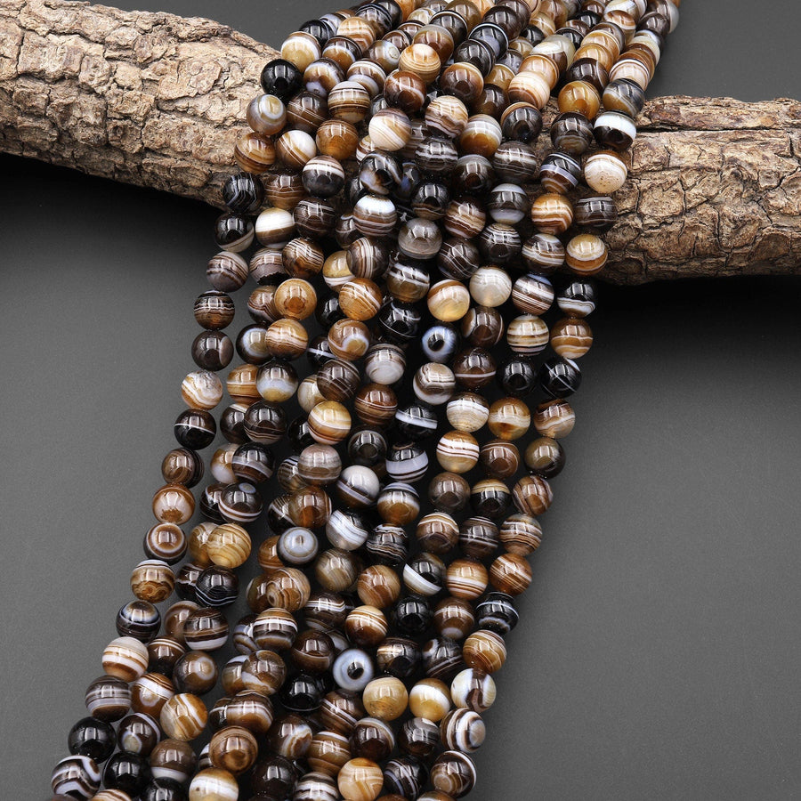 AAA Natural Brown Black Sardonyx Agate 6mm 8mm 10mm Amazing Eyes Bands Veins Stripes Antique Boho Mala Beads 15.5" Strand