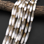 Rare Natural 2 Tone Light Caramel Brown White Tibetan Agate Beads Smooth Thin Long Barrel Drum 15.5" Strand