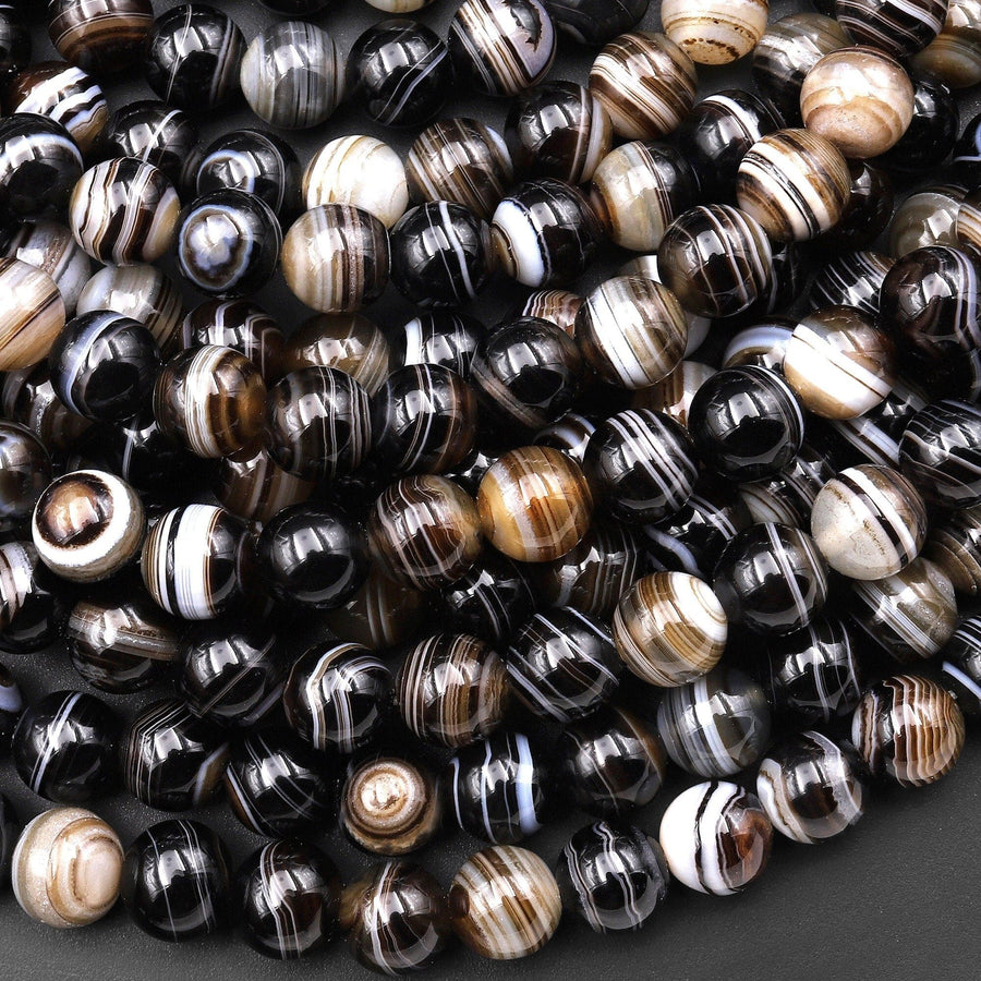 AAA Natural Black Dark Brown Sardonyx Agate 6mm 8mm 10mm Smooth Round Beads Amazing Eyes Bands Veins Stripes 15.5" Strand