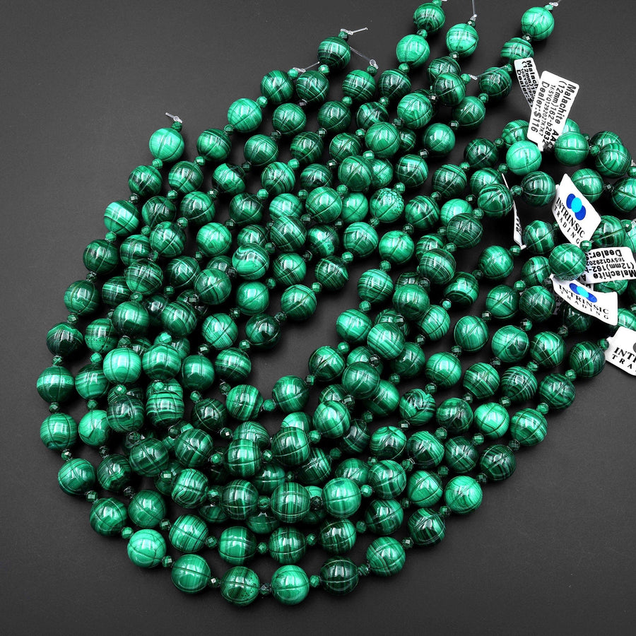 AAA Hand Carved Natural Green Malachite 12mm Melon Round Beads Gemstone 15" Strand