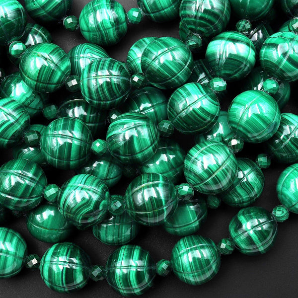 AAA Hand Carved Natural Green Malachite 12mm Melon Round Beads Gemstone 15" Strand