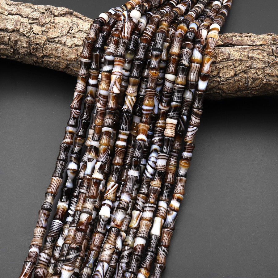 Natural Tibetan Agate Beads Smooth Bamboo Stem Tube Amazing Veins Bands Stripes Brown Black White Agate 15.5" Strand