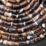 Natural Tibetan Agate Beads Smooth Bamboo Stem Tube Amazing Veins Bands Stripes Brown Black White Agate 15.5" Strand