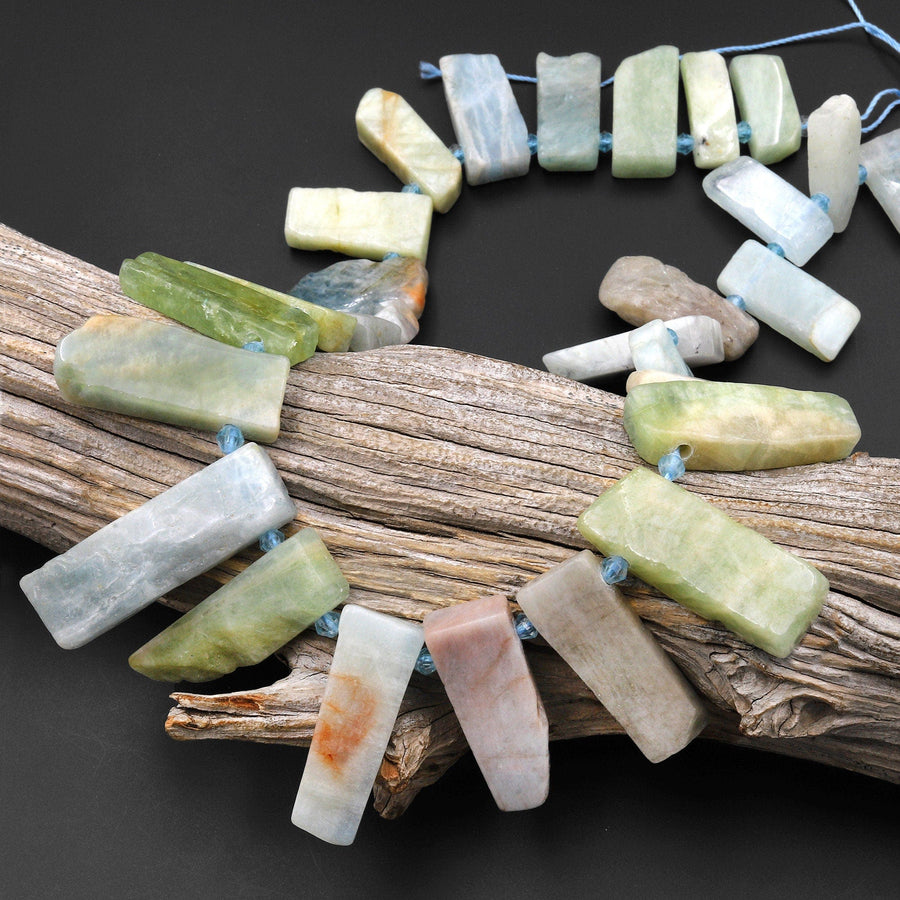 Natural Blue Green Aquamarine Beads Cleopatra Style Freeform Thick Rectangle Spikes 15.5" Strand A1