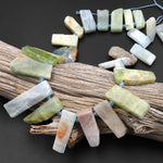 Natural Blue Green Aquamarine Beads Cleopatra Style Freeform Thick Rectangle Spikes 15.5" Strand