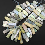 Natural Blue Green Aquamarine Beads Cleopatra Style Freeform Thick Rectangle Spikes 15.5" Strand