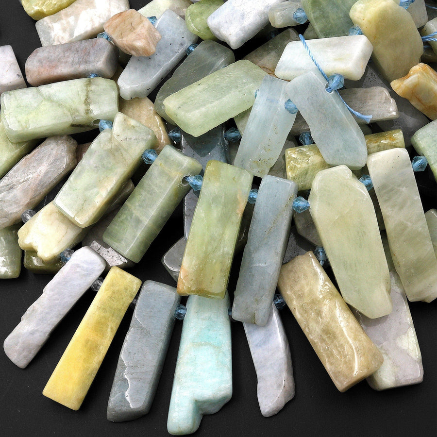 Natural Blue Green Aquamarine Beads Cleopatra Style Freeform Thick Rectangle Spikes 15.5" Strand