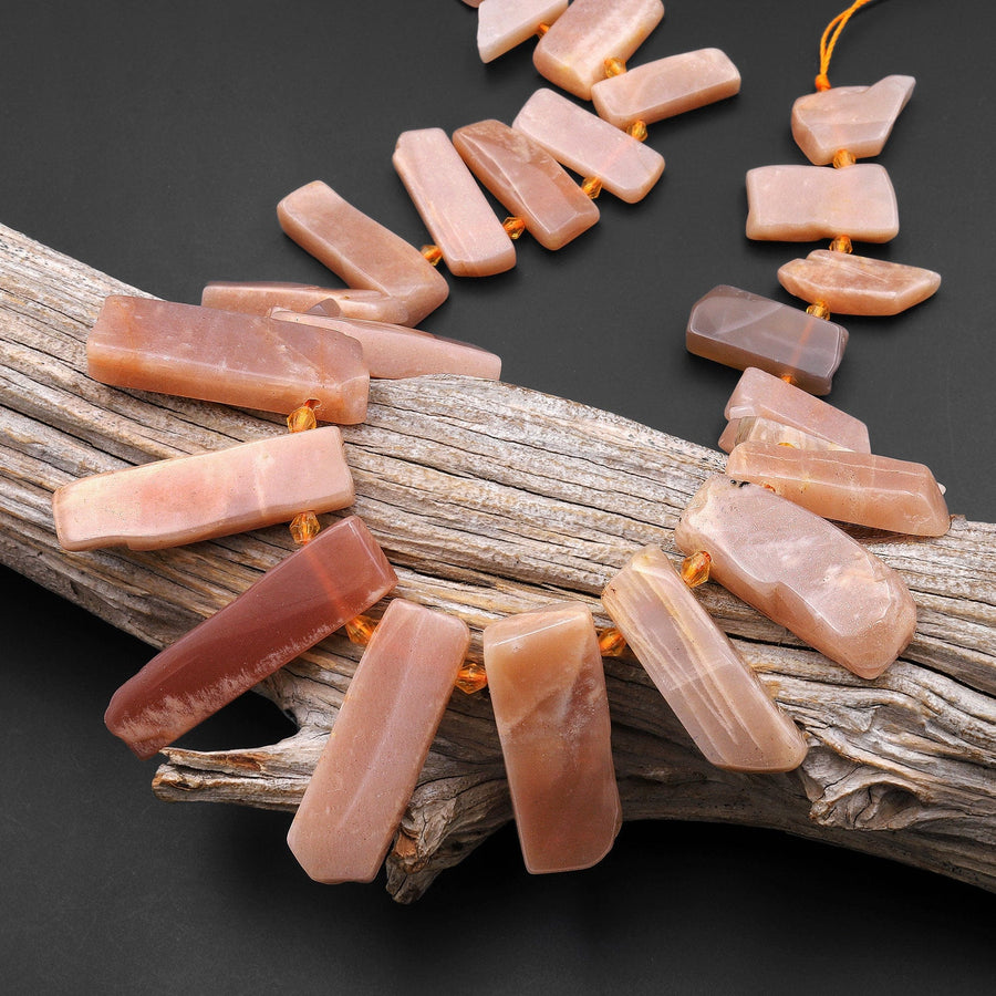 Natural Peach Moonstone Beads Cleopatra Style Freeform Thick Rectangle Spikes 15.5" A1Strand