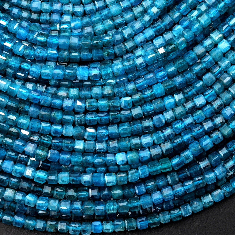 AAA Natural Teal Blue Apatite Faceted 3mm Cube Beads Gemstone 15.5" Strand