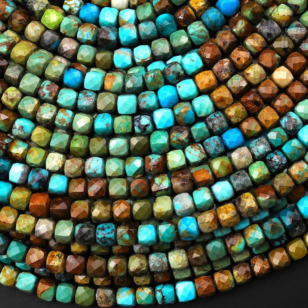 Natural Multicolor Turquoise Faceted 4mm Cube Beads Real Genuine Natural Blue Green Brown Gemstone 15.5" Strand