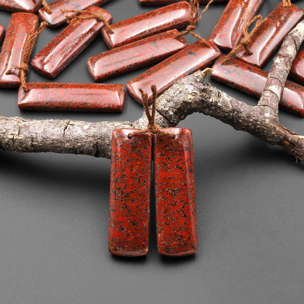 Genuine Red Utah Dinosaur Bone Fossil Drilled Rectangle Earring Pair Matched Gemstone Beads A1