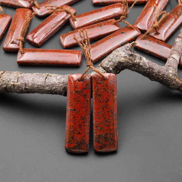 Genuine Red Utah Dinosaur Bone Fossil Drilled Rectangle Earring Pair Matched Gemstone Beads A2