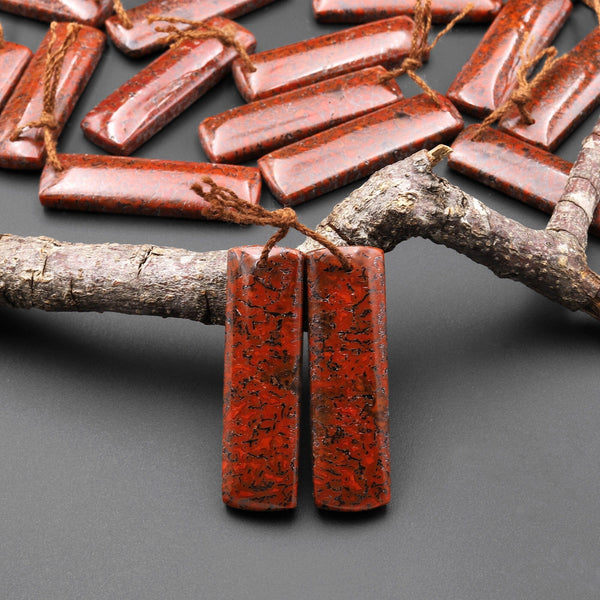 Genuine Red Utah Dinosaur Bone Fossil Drilled Rectangle Earring Pair Matched Gemstone Beads A3