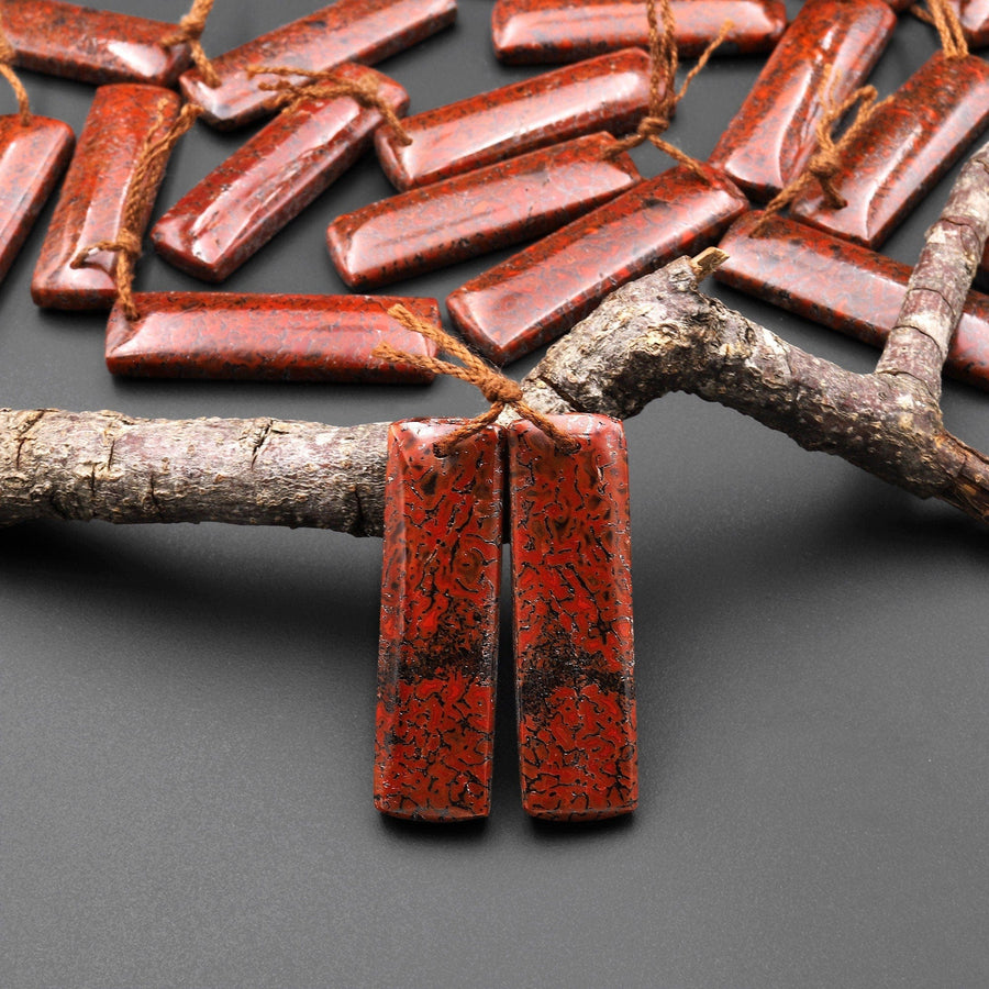 Genuine Red Utah Dinosaur Bone Fossil Drilled Rectangle Earring Pair Matched Gemstone Beads A4