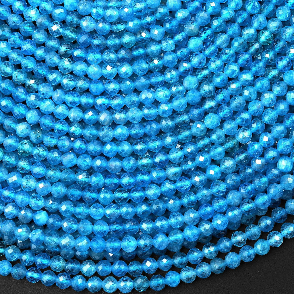 AAA Faceted Natural Teal Blue Apatite 3mm Round Beads Micro Laser Diamond Cut Gemstone 15.5" Strand