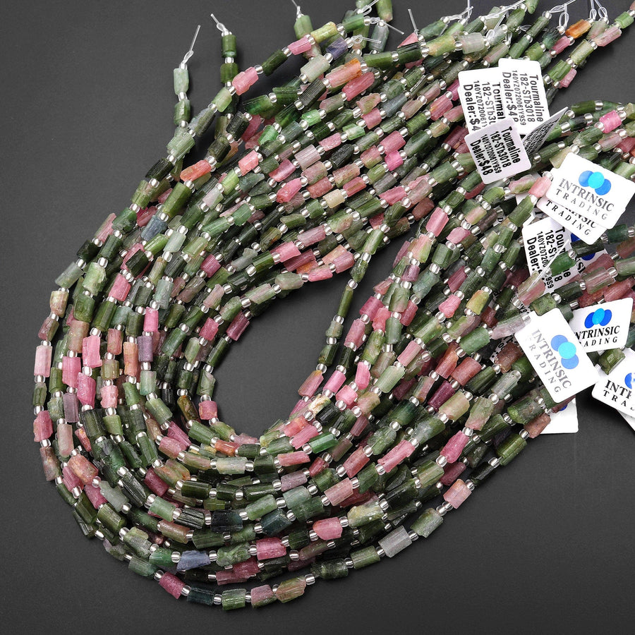 Natural Pink Green Watermelon Tourmaline Tube Beads Hand Hammered Gemstone 15.5" Strand