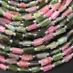 Natural Pink Green Watermelon Tourmaline Tube Beads Hand Hammered Gemstone 15.5" Strand