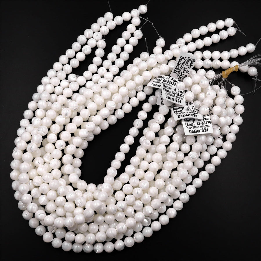 AAA Natural White Mother of Pearl 2mm 3mm 4mm 6mm 8mm 10mm Smooth Round Beads Iridescent Shell 15.5" Strand