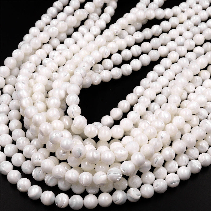 AAA Natural White Mother of Pearl 2mm 3mm 4mm 6mm 8mm 10mm Smooth Round Beads Iridescent Shell 15.5" Strand
