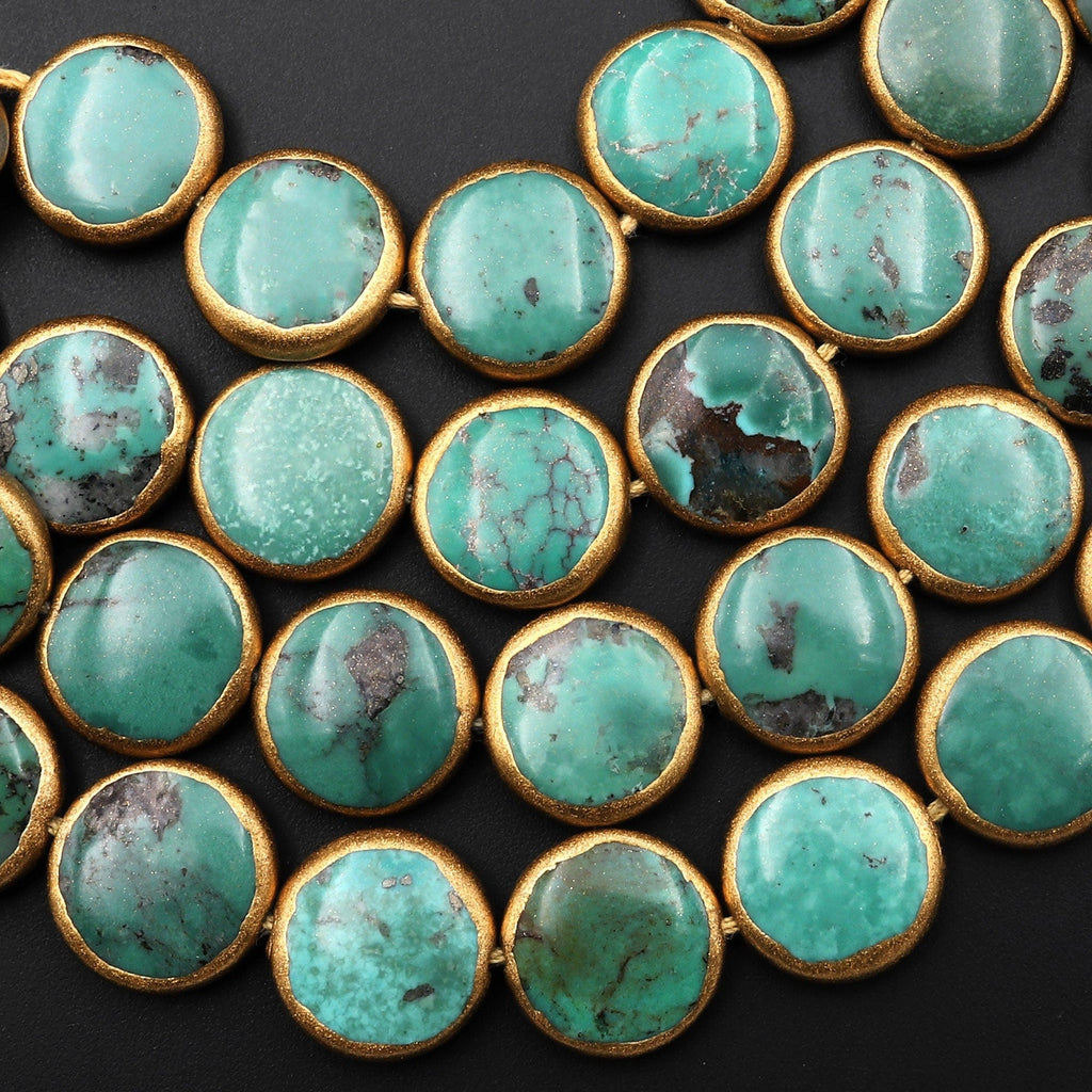 Genuine Natural Green Turquoise Coin 12mm Beads W/ Gold Copper Edging Handmade Choose from 5pcs, 10pcs, 16" Strand