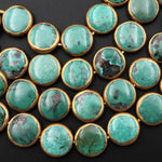 Genuine Natural Green Turquoise Coin 12mm Beads W/ Gold Copper Edging Handmade Choose from 5pcs, 10pcs, 16" Strand