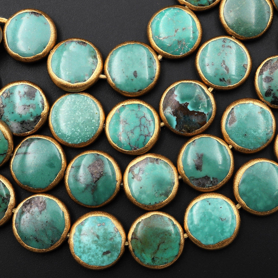 Genuine Natural Green Turquoise Coin 12mm Beads W/ Gold Copper Edging Handmade Choose from 5pcs, 10pcs, 16" Strand