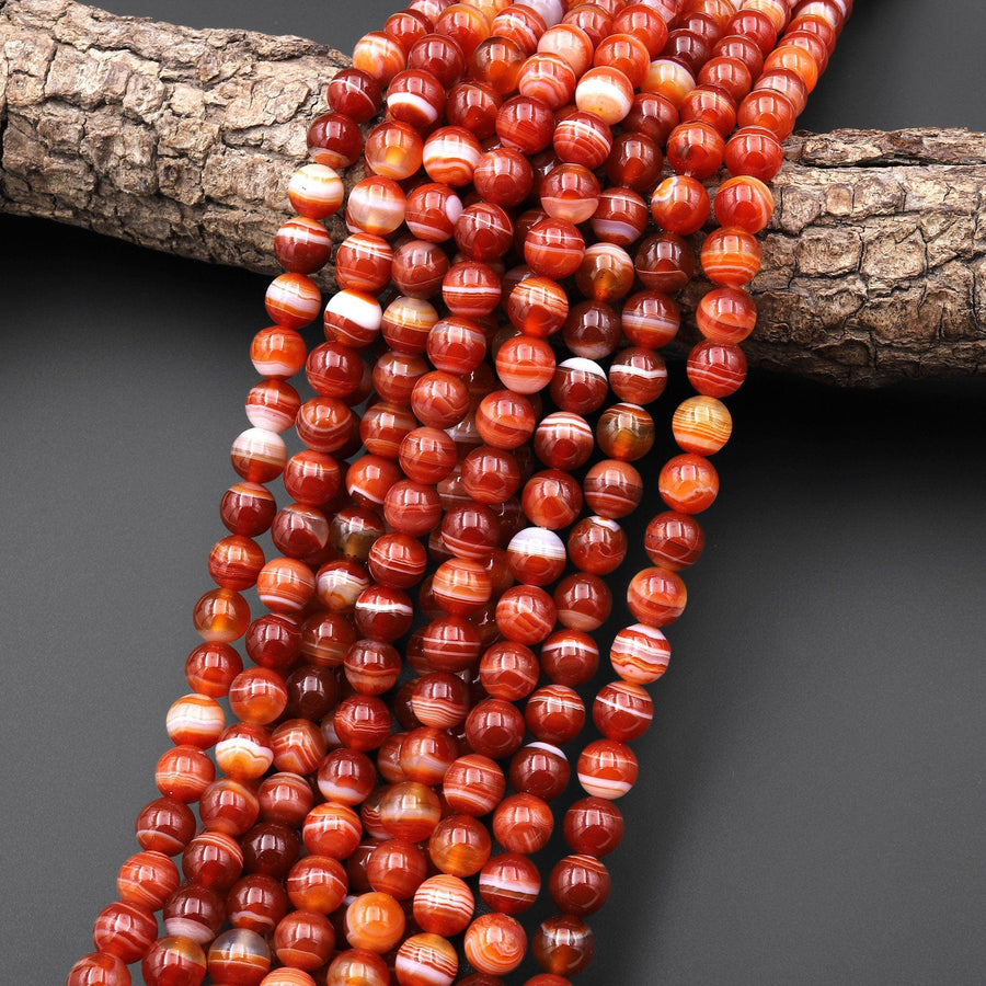 AAA Natural Banded Orange Red Agate 6mm 8mm Round Beads 15.5" Strand