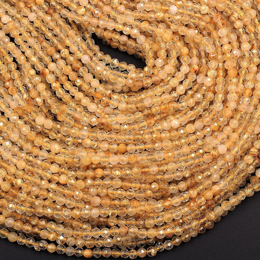 AA Grade Natural Golden Rutile Quartz 2mm 3mm 4mm 5mm Faceted Round Beads Sharp Golden Rutile Needle Gemstone 15.5" Strand