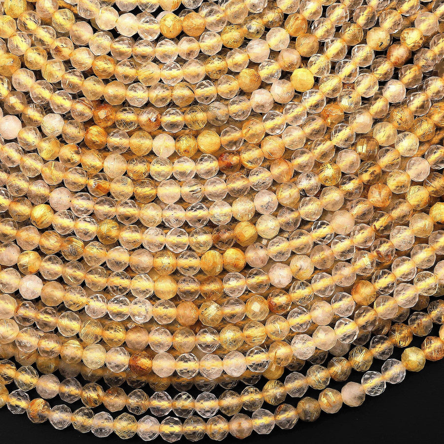 Faceted Natural Golden Rutile Quartz 2mm 3mm 4mm 6mm Round Beads 15.5" Strand