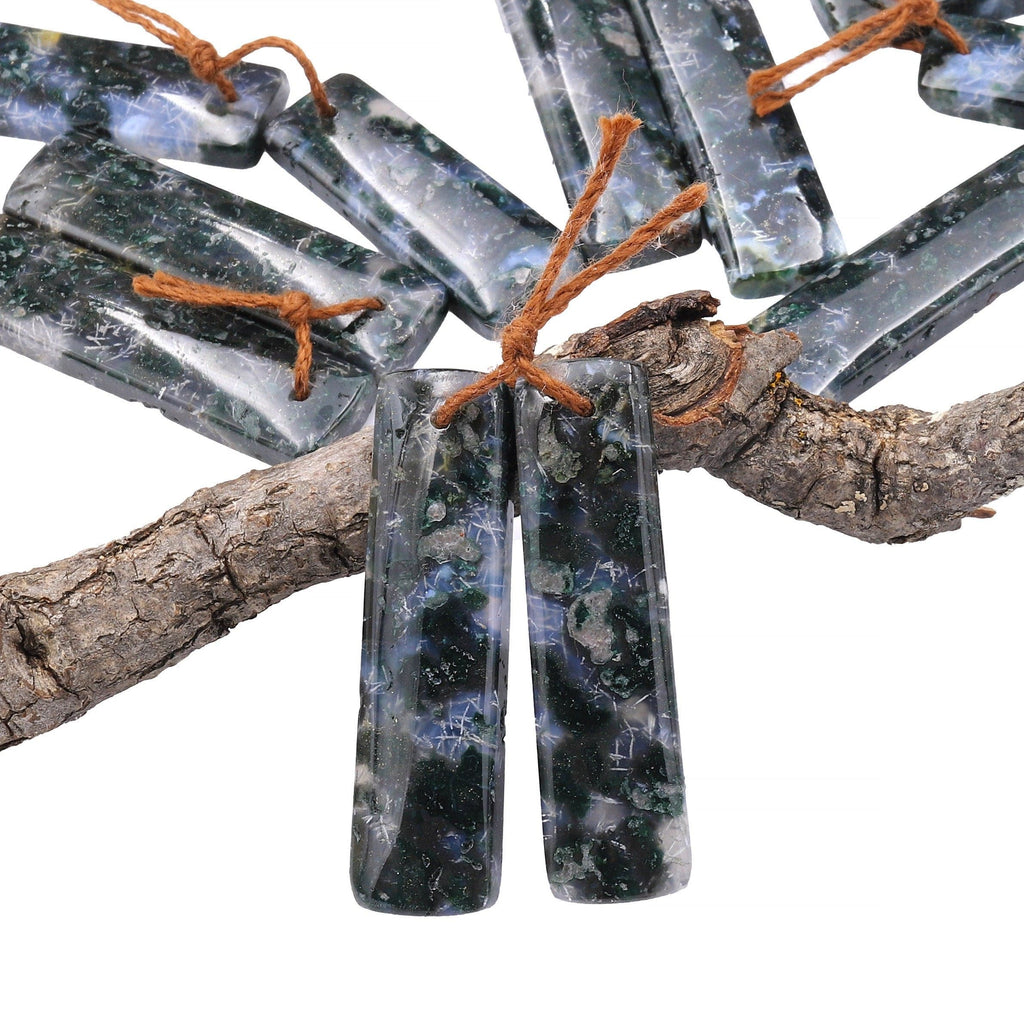 Natural Green Moss Agate Earring Pair Drilled Rectangle Pair Matched Gemstone Beads A2