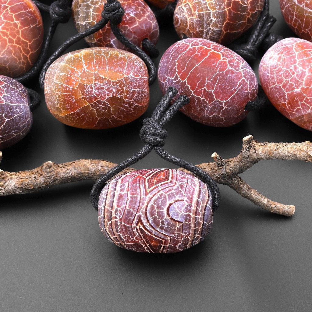 Large Matte "Dinosaur Egg" Tibetan Red Fire Agate Focal Bead Pendant A2